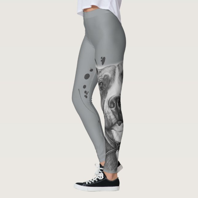 Drawing of Pitbull Dog Animal Art On Paint Leggings (Left)