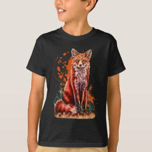 Drawing of Red Fox Animal Art and Orange Paint T-Shirt