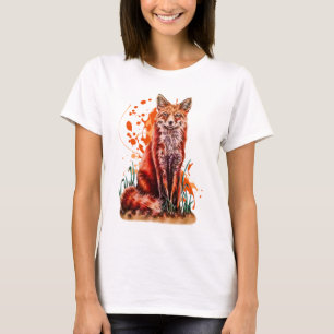 Drawing of Red Fox Animal Art and Orange Paint T-Shirt