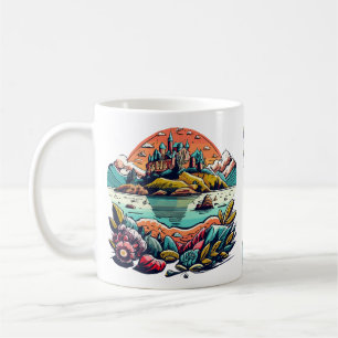 Drawing of sunrise, boat, black and red coffee mug