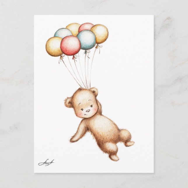 Drawing of Teddy Bear flying with balloons Postcard (Front)