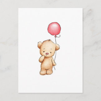 Drawing of teddy bear with red balloon postcard