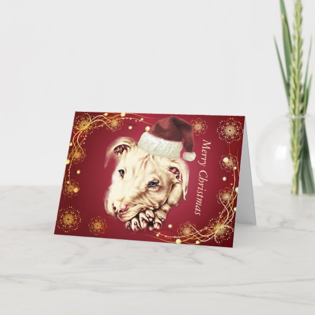 Drawing of White Dog with Santa Hat Holiday Card (Front)