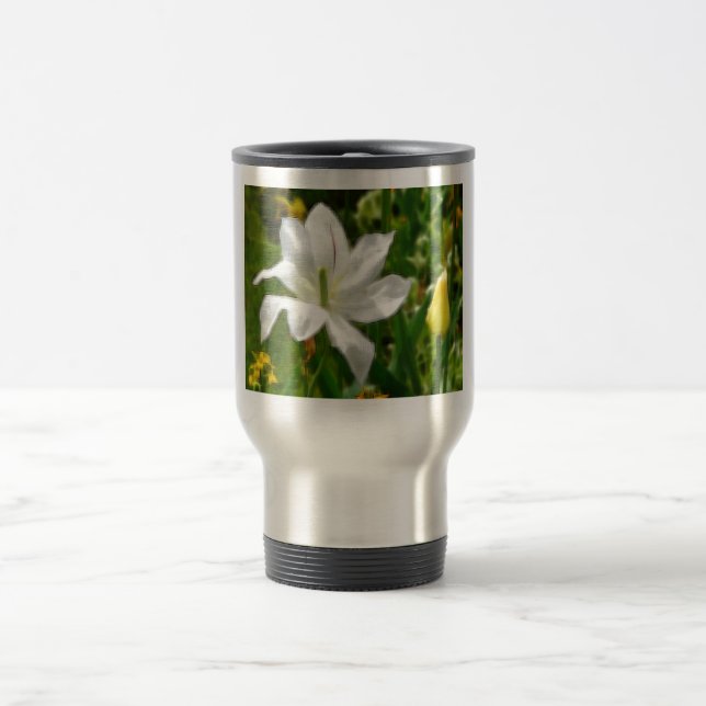 Drawing of white tulip flower travel mug (Center)