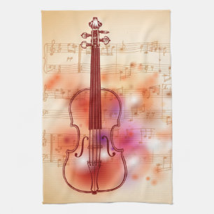 Drawing on watercolor background of violin tea towel