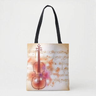 Drawing on watercolor background of violin tote bag