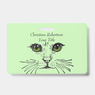Drawing Pretty Cat Face Bright Eyes Light Green ID Badge