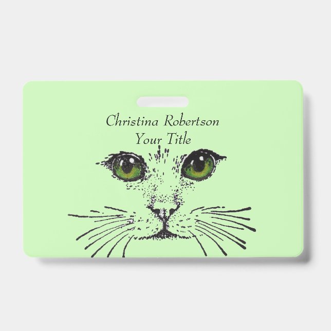 Drawing Pretty Cat Face Bright Eyes Light Green ID Badge (Front)