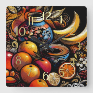 Drawing Stylised Still Life Vase Fruit Square Wall Clock