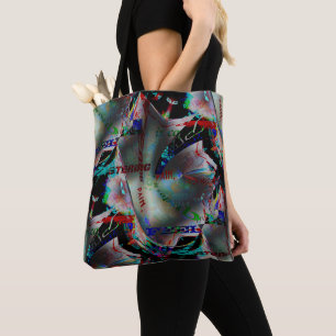 Drawing with cutout of dark banner and word jumble tote bag