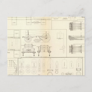 Drawings boats, bridges, wagons, projectiles postcard