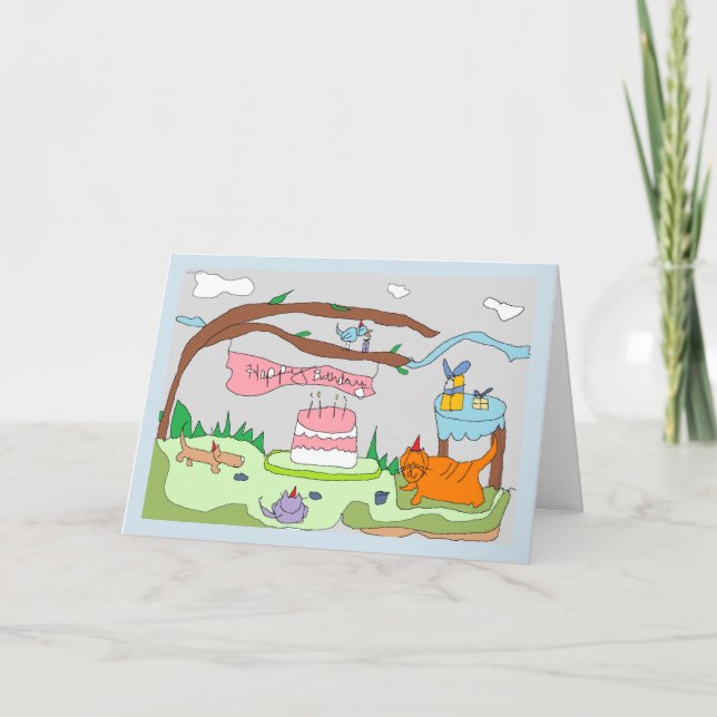 Drawlings' party animals say, Happy Birthday! Card (Front)