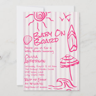 Drawn Baby On Board Surf Summer Girl Baby Shower Invitation