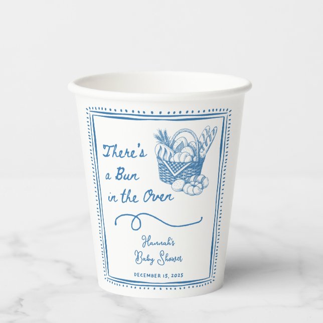 Drawn Blue Bun in the Oven Baby Shower Party Paper Cups (Front)