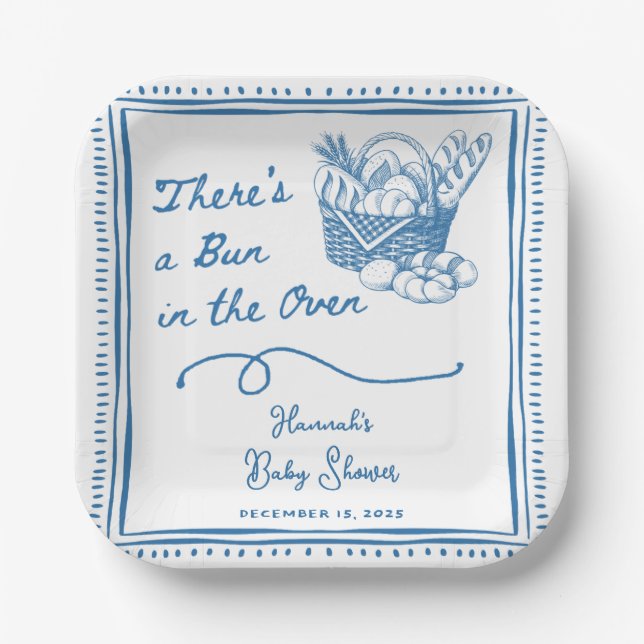 Drawn Blue Bun in the Oven Baby Shower Party Paper Plate (Front)