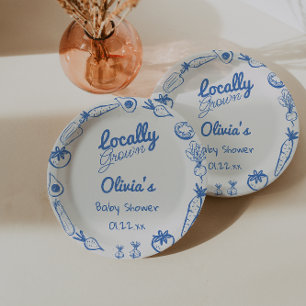 Drawn Blue Locally Grown Vegie Baby Boy Shower Paper Plate