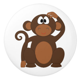 Drawn Brown Cartoon monkey scratching head Ceramic Knob