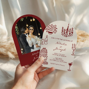 Drawn Burgundy Romantic Photo Arched Wedding Invitation