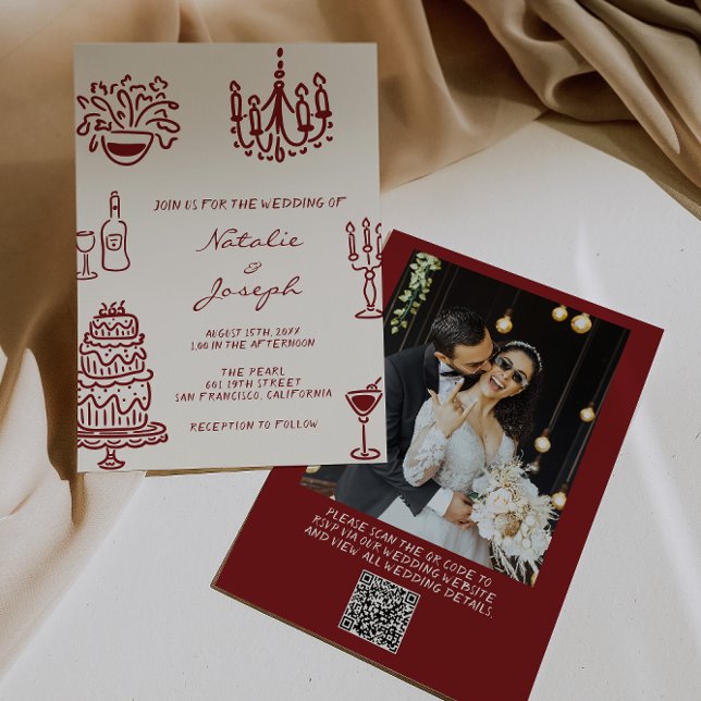 Drawn Burgundy Whimsical Photo QR Code Wedding Invitation (Creator Uploaded)