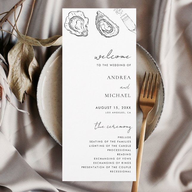 Drawn Champagne Oysters Minimalist Seafood Wedding Programme (Creator Uploaded)