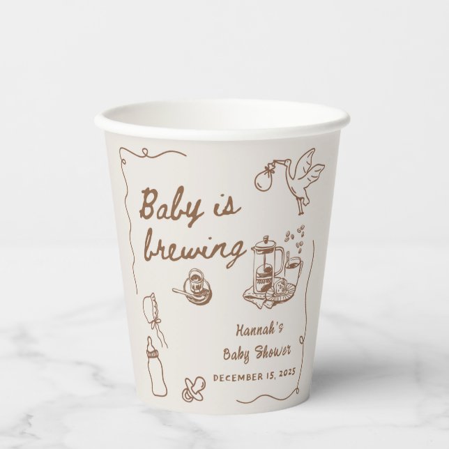 Drawn Coffee Baby is Brewing Baby Shower Paper Cups (Front)
