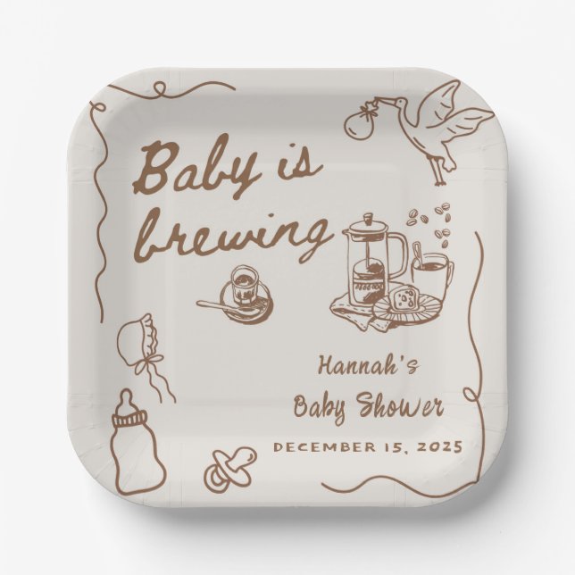 Drawn Coffee Baby is Brewing Baby Shower Paper Plate (Front)