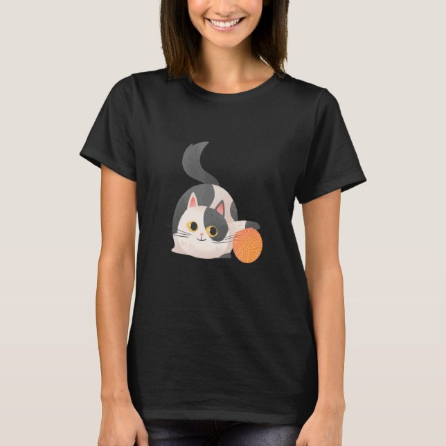 Drawn Cute Cat Playing T-Shirt (Front)