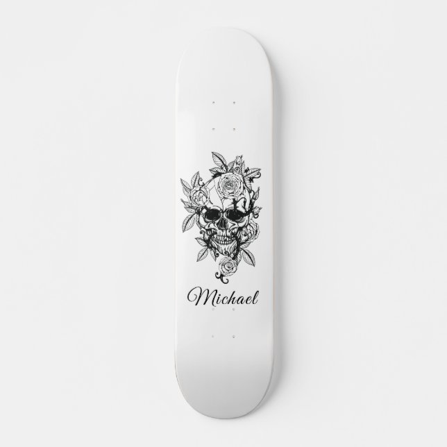 Drawn Floral Skull Skeleton Gothic Elegant & Name Skateboard (Front)