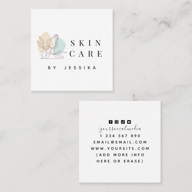 Drawn Flower Rose Line Art Skincare Clean Basic    Square Business Card (Front/Back)