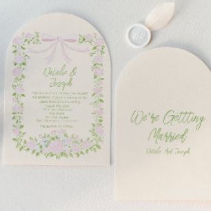 Drawn Green Pink Bow Floral Summer Arched Wedding Invitation