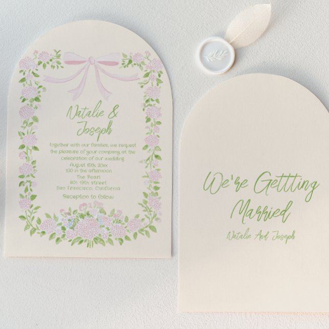 Drawn Green Pink Bow Floral Summer Arched Wedding Invitation (Creator Uploaded)