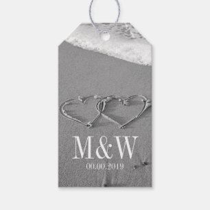 Drawn hearts in sand beach wedding favour gift tag