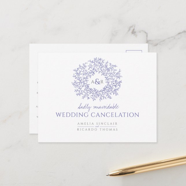 drawn leaf monogram wedding cancellation announcement postcard (Front/Back In Situ)