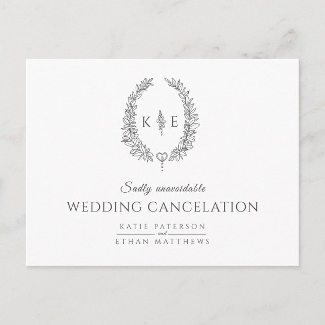 Drawn leaf wreath monogram wedding cancellation announcement postcard (Front)