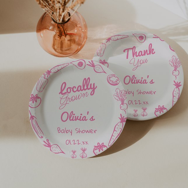 Drawn Pink Locally Grown Girly Baby Girl Shower Paper Plate (Creator Uploaded)