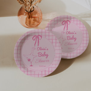 Drawn Pink Silly Goose Ribbon Baby Girl Shower  Paper Plate