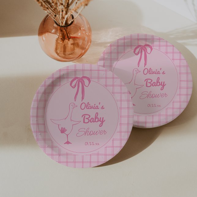 Drawn Pink Silly Goose Ribbon Baby Girl Shower  Paper Plate (Creator Uploaded)