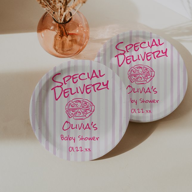 Drawn Pizza Pink Special Delivery Baby Shower Paper Plate (Creator Uploaded)