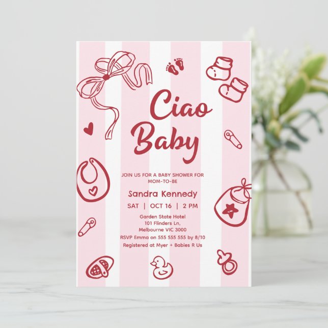 Drawn Red Pink Baby Items Ciao Baby Baby Shower Invitation (Standing Front)