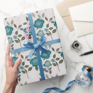 Drawn Roses In Muted Blues And Greens Scattered Wrapping Paper