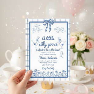 Drawn Silly Goose blue Gingham Ribbon Baby Shower Invitation
