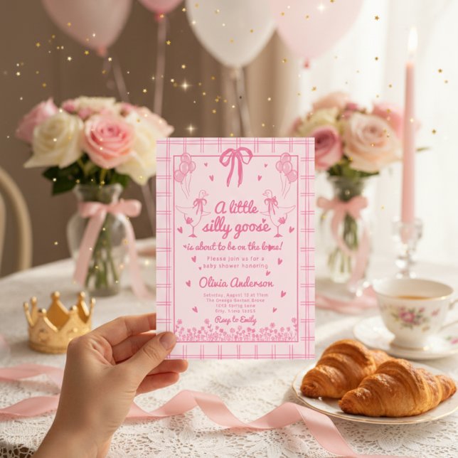 Drawn Silly Goose pink Gingham Ribbon Baby Shower Invitation (Creator Uploaded)
