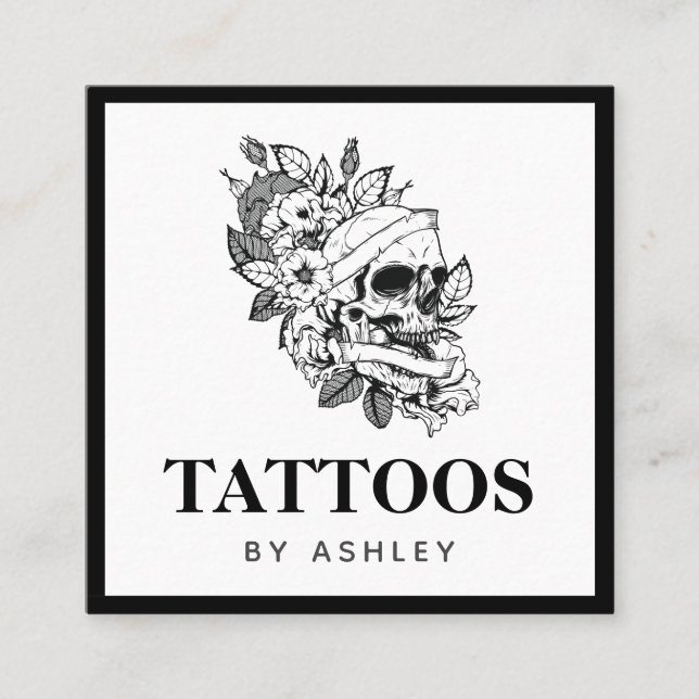 Drawn Skull Face Tattoo Gothic Skeleton Bold Frame Square Business Card (Front)