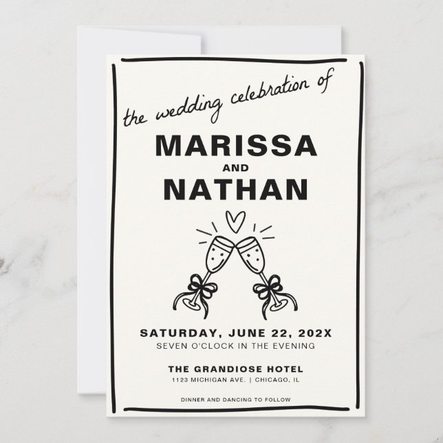 Drawn Together Champagne Wedding Invitation (Front)