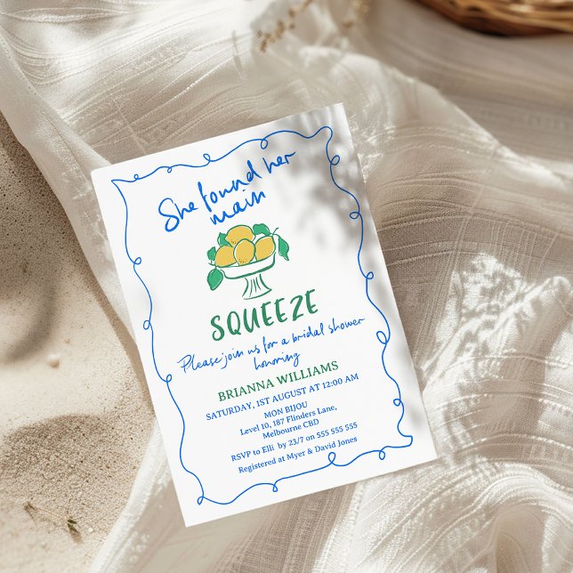 Drawn Whimsical Main Squeeze Lemon Bridal Shower Invitation (Illustrated Main Squeeze Bridal Shower Invitation, Whimsical Hand Drawn Lemons Bridal Shower Invite)