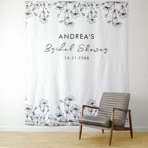 Drawn Wildflowers White Bridal Shower Backdrop Tapestry
