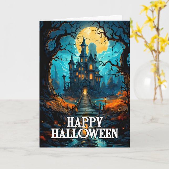 Dreadful Haunted House | Happy Halloween Card (Yellow Flower)