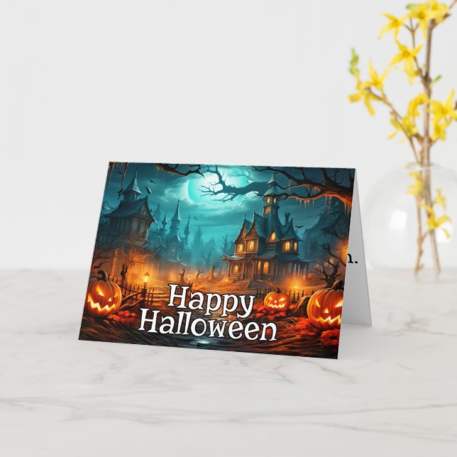 Dreadful Spooky Halloween Haunted House Card (Yellow Flower)