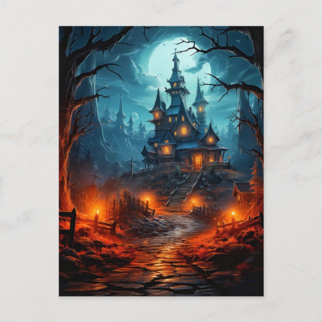 Dreadfully Spooky Haunted House Halloween Postcard (Front)