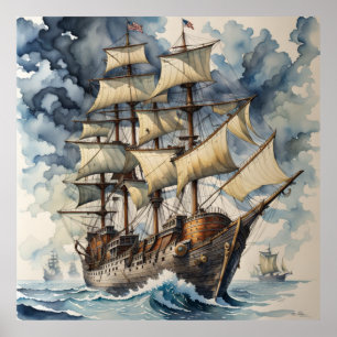 Dreadnought's Embrace Brown Battle Ship Blue  Poster